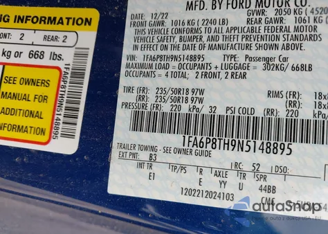 2022 Ford Mustang from USA, damaged, VIN 1FA6P8TH9N5148895